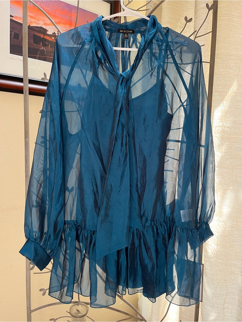 Seni & Cade Teal Blue Sheer Organza Ruffle Mini Dress with Slip Size M NWT